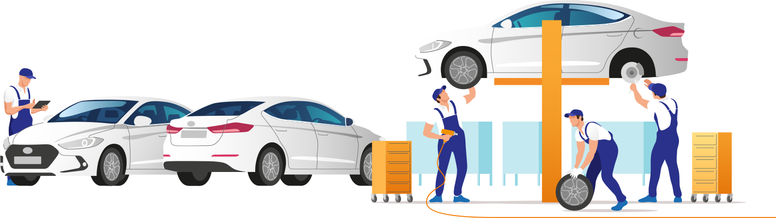 Auto repair service with technicians working on a car
